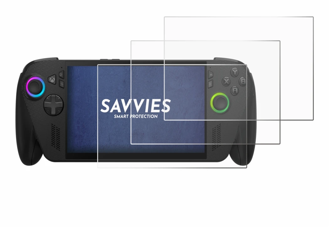 Imagen del dispositivo ASUS ROG Ally X 2025 con una amplia variedad de protectores de pantalla.