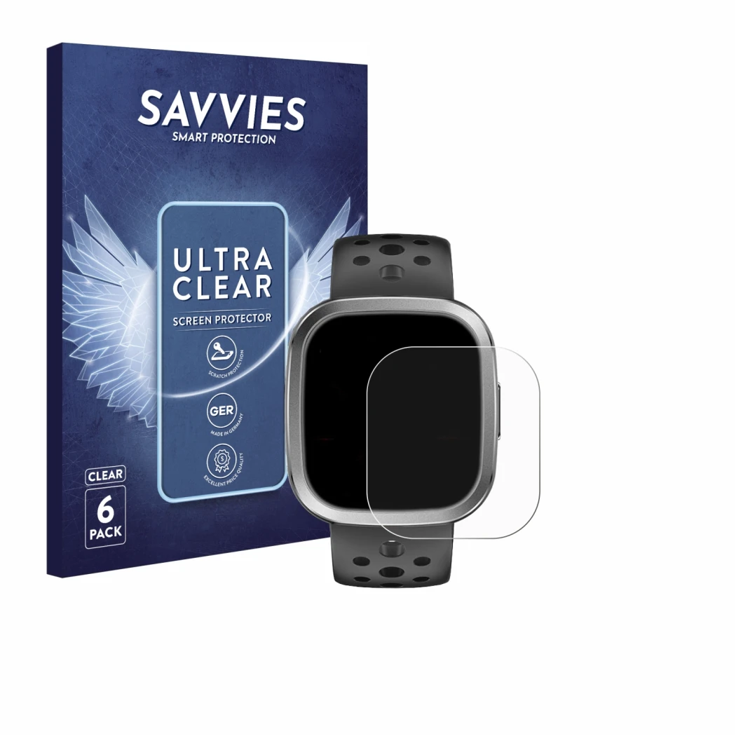 Parte frontal de un envase de producto con el logotipo de la marca Savvies. Al lado se muestra el dispositivo YYKY Smartwatch 