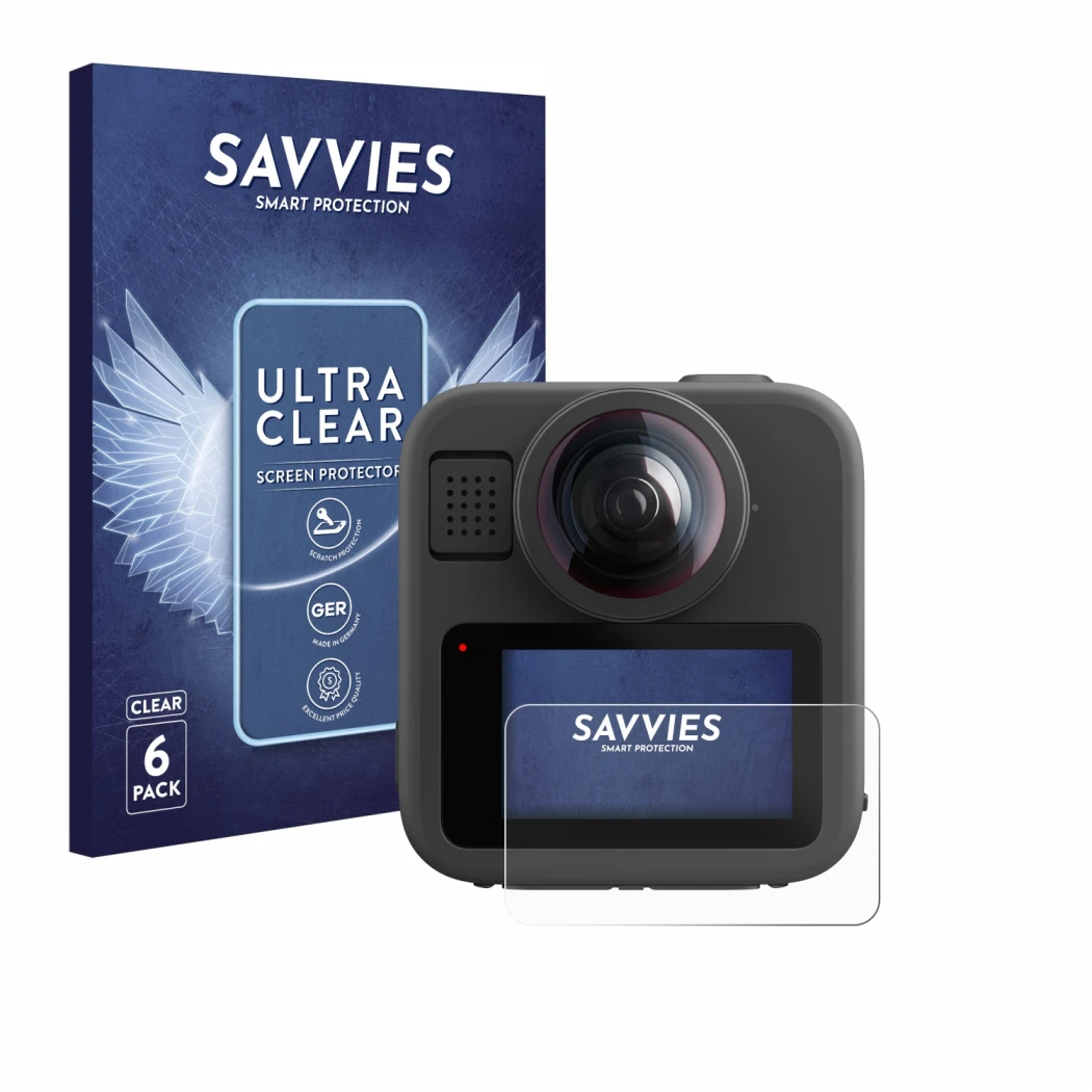 Parte frontal de un envase de producto con el logotipo de la marca Savvies. Al lado se muestra el dispositivo GoPro Max 2 con 