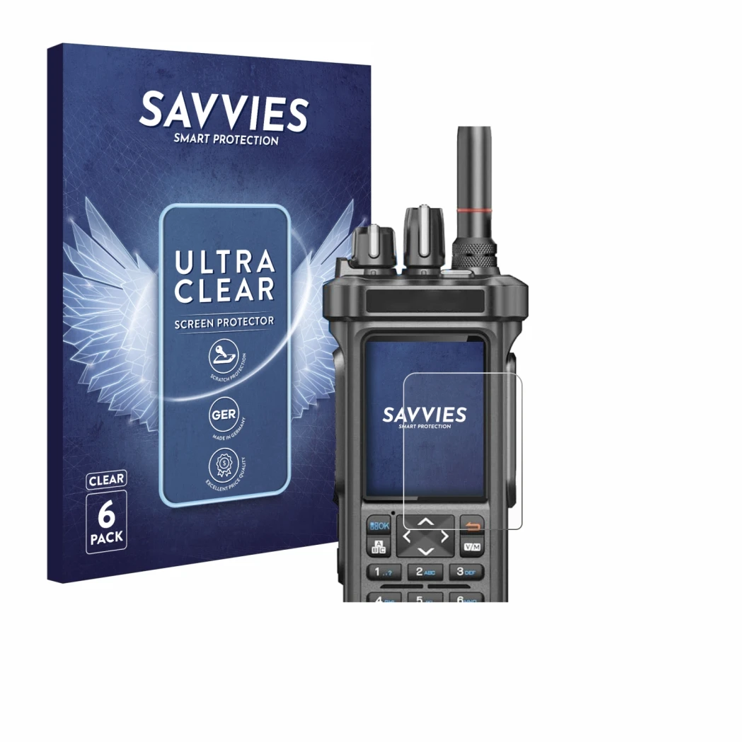 Parte frontal de un envase de producto con el logotipo de la marca Savvies. Al lado se muestra el dispositivo Radtel RT-950 Pr