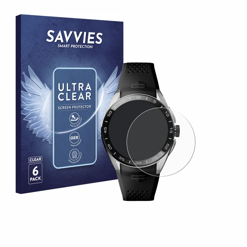 Parte frontal de un envase de producto con el logotipo de la marca Savvies. Al lado se muestra el dispositivo TAG Heuer Connec