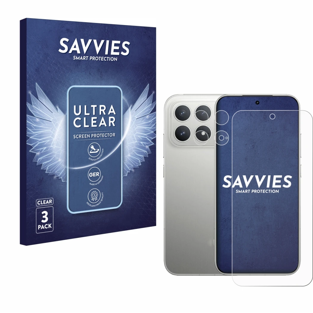 Parte frontal de un envase de producto con el logotipo de la marca Savvies. Al lado se muestra el dispositivo Xiaomi Poco F8 P