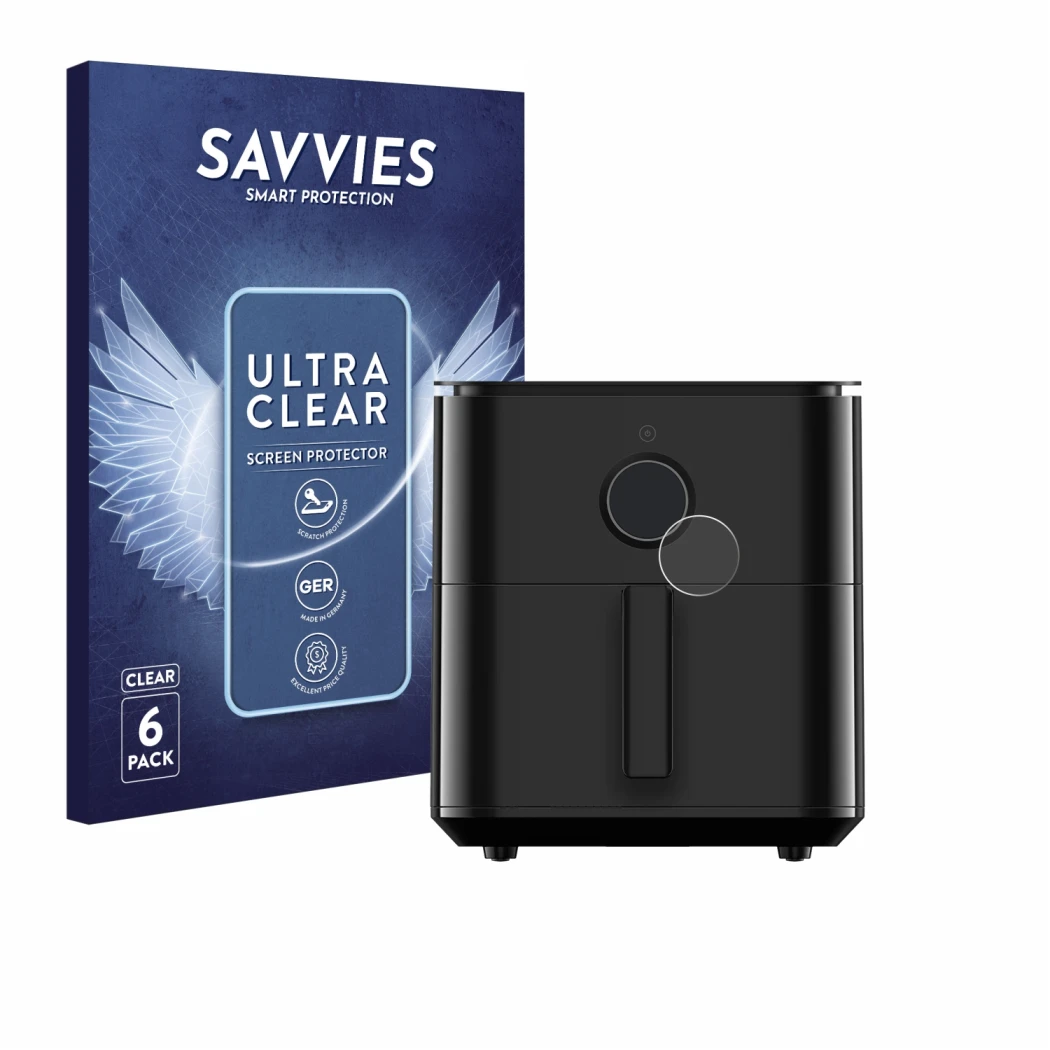 Parte frontal de un envase de producto con el logotipo de la marca Savvies. Al lado se muestra el dispositivo Xiaomi Air Fryer