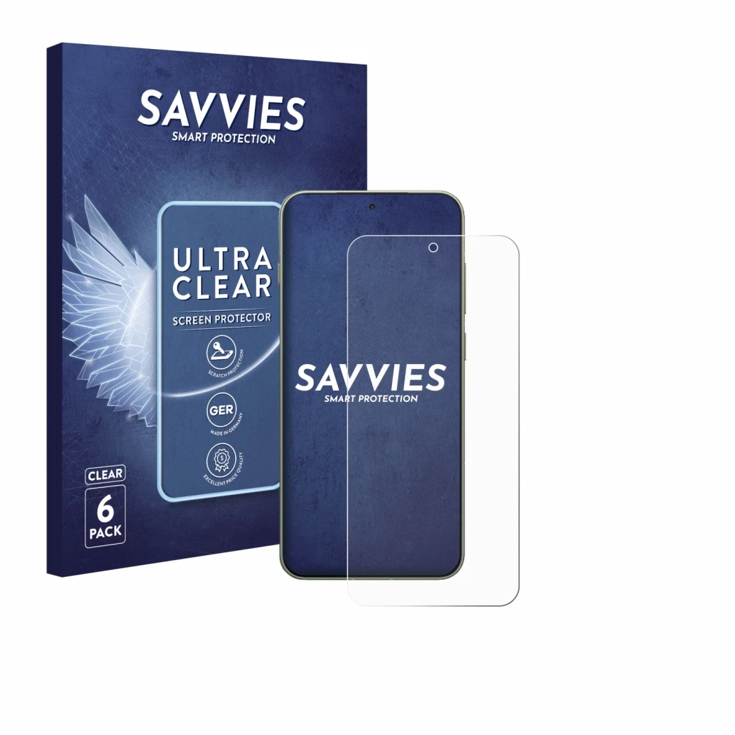 Parte frontal de un envase de producto con el logotipo de la marca Savvies. Al lado se muestra el dispositivo OnePlus 13T con 
