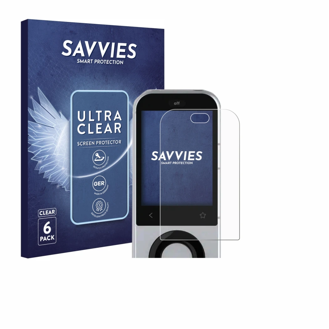 Parte frontal de un envase de producto con el logotipo de la marca Savvies. Al lado se muestra el dispositivo Sofabaton X2 con
