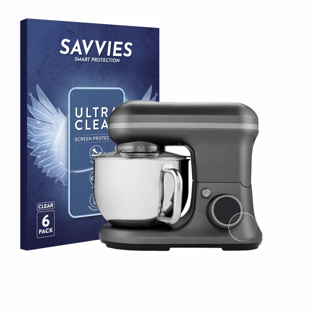 Parte frontal de un envase de producto con el logotipo de la marca Savvies. Al lado se muestra el dispositivo MEDION MD 18420 