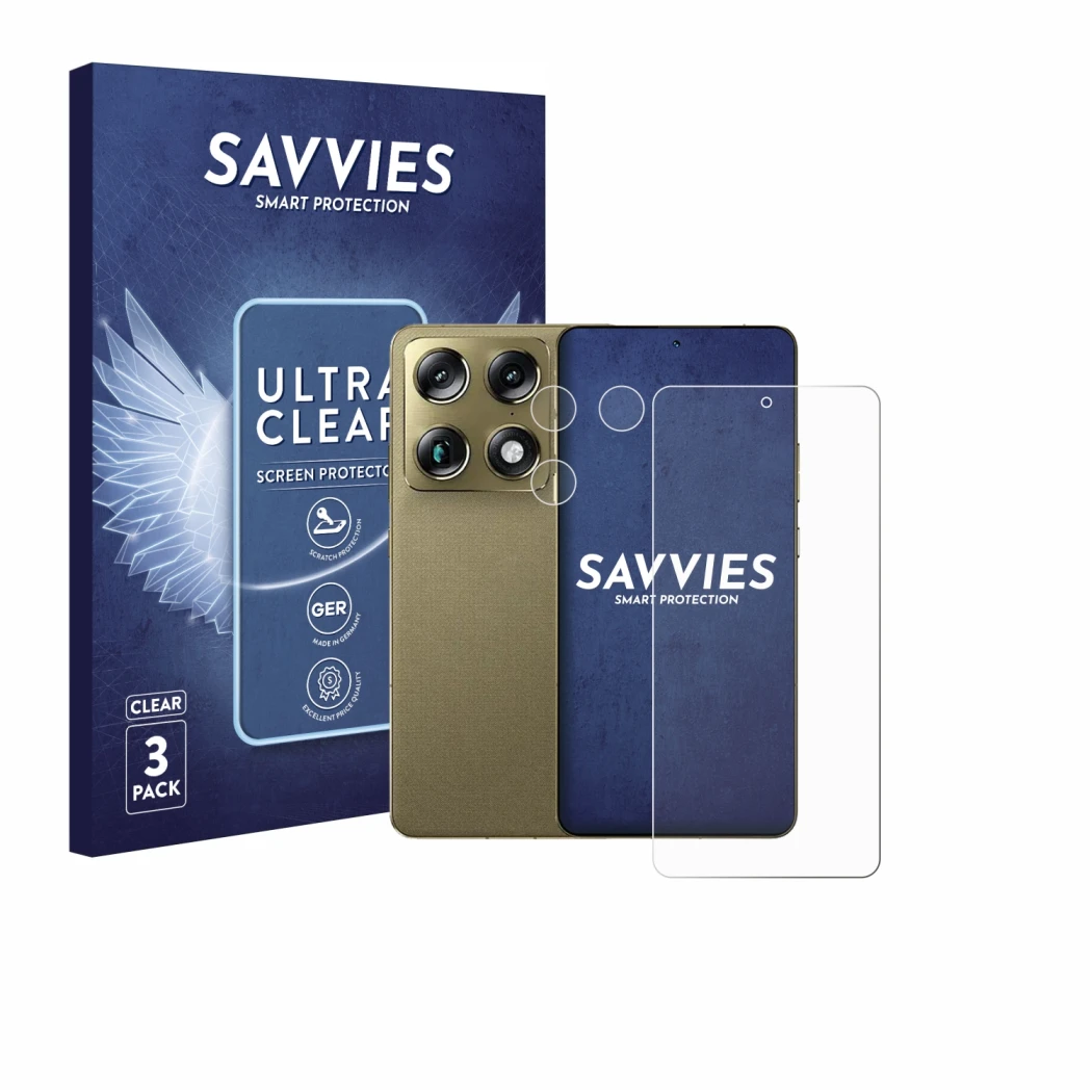 Parte frontal de un envase de producto con el logotipo de la marca Savvies. Al lado se muestra el dispositivo Motorola Signatu