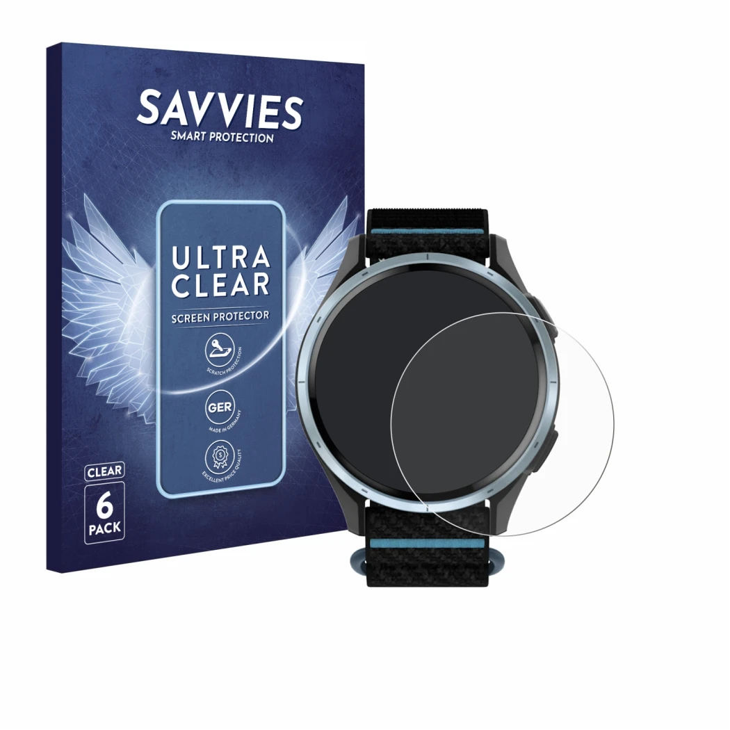 Parte frontal de un envase de producto con el logotipo de la marca Savvies. Al lado se muestra el dispositivo Garmin Approach 