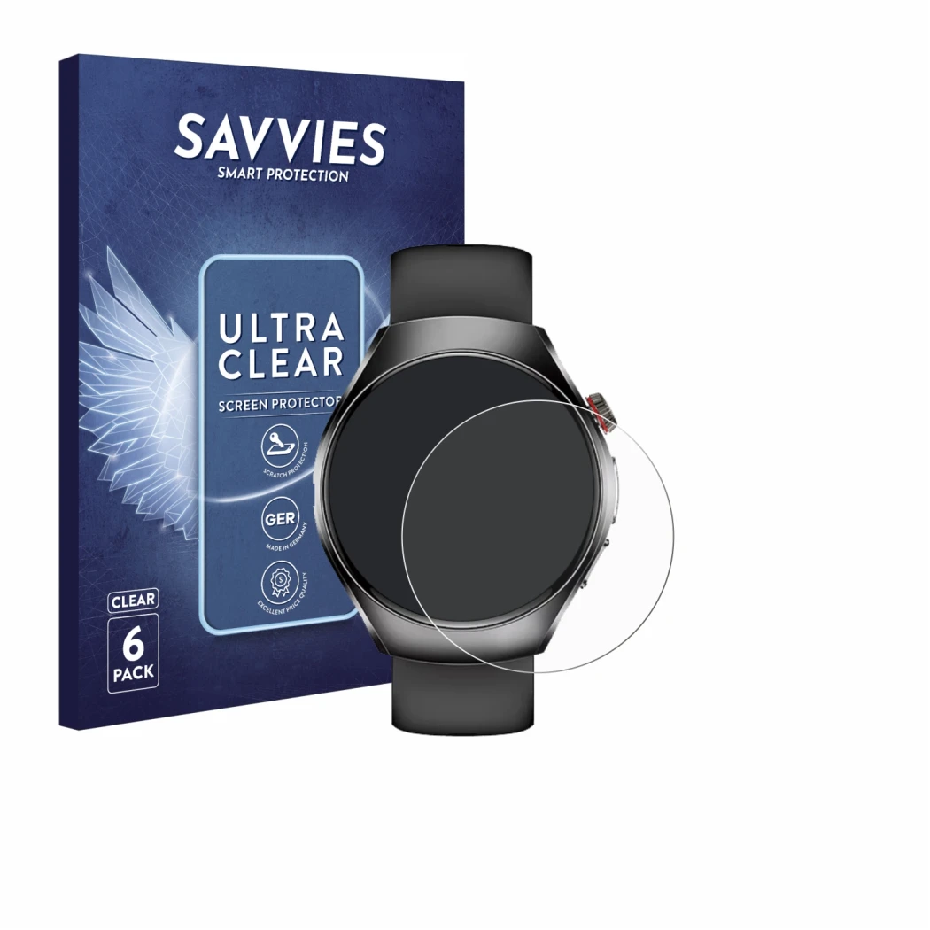 Parte frontal de un envase de producto con el logotipo de la marca Savvies. Al lado se muestra el dispositivo Smartwatch ET460
