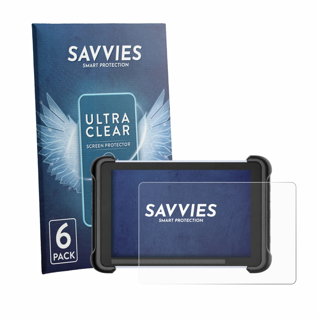 Parte frontal de un envase de producto con el logotipo de la marca Savvies. Al lado se muestra el dispositivo MUCAR 892BT con 