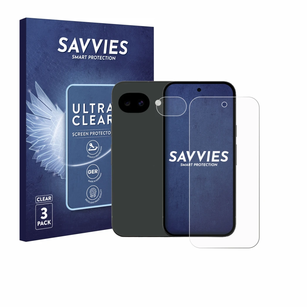 Parte frontal de un envase de producto con el logotipo de la marca Savvies. Al lado se muestra el dispositivo Google Pixel 10a