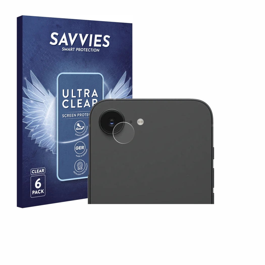 Parte frontal de un envase de producto con el logotipo de la marca Savvies. Al lado se muestra el dispositivo Apple iPhone 17e