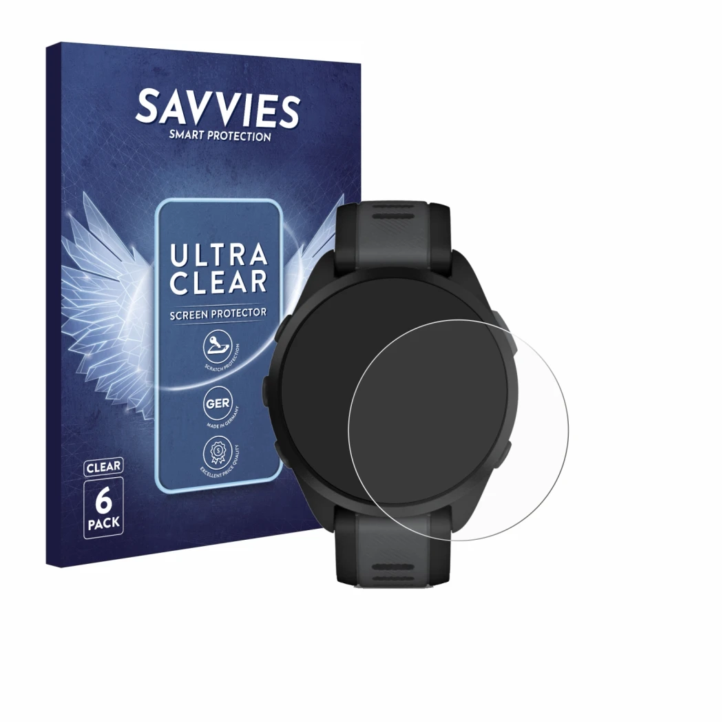 Parte frontal de un envase de producto con el logotipo de la marca Savvies. Al lado se muestra el dispositivo Garmin Forerunne