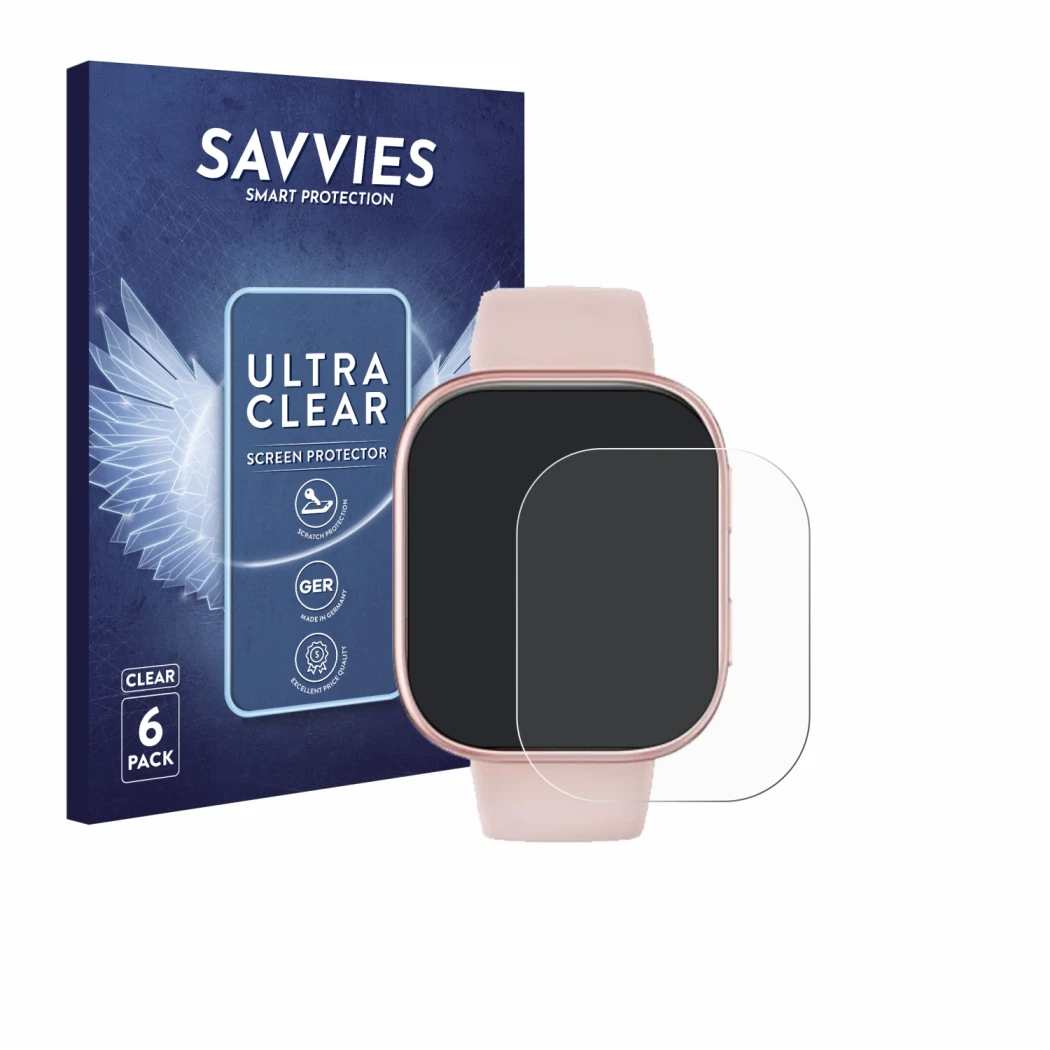 Parte frontal de un envase de producto con el logotipo de la marca Savvies. Al lado se muestra el dispositivo Doomixs Smartwat