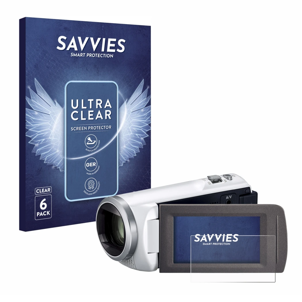 Parte frontal de un envase de producto con el logotipo de la marca Savvies. Al lado se muestra el dispositivo Panasonic HC-V48