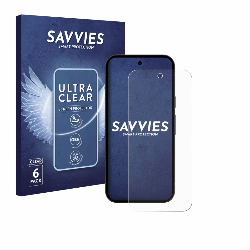 Parte frontal de un envase de producto con el logotipo de la marca Savvies. Al lado se muestra el dispositivo Google Pixel 10a