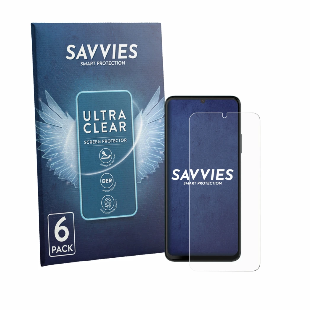 Parte frontal de un envase de producto con el logotipo de la marca Savvies. Al lado se muestra el dispositivo NUU Mobile X10 5