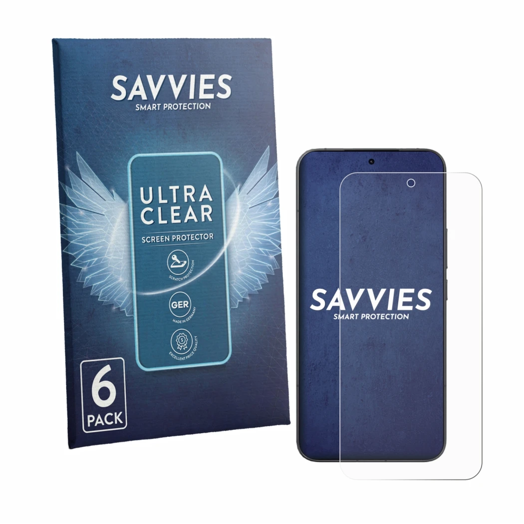 Parte frontal de un envase de producto con el logotipo de la marca Savvies. Al lado se muestra el dispositivo Xiaomi 17T Pro c