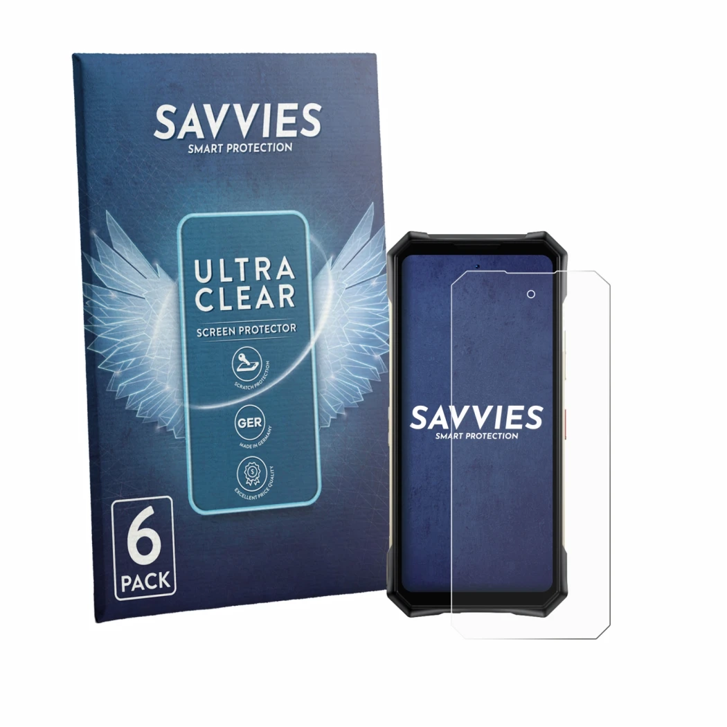 Parte frontal de un envase de producto con el logotipo de la marca Savvies. Al lado se muestra el dispositivo Doogee S300 Pro 
