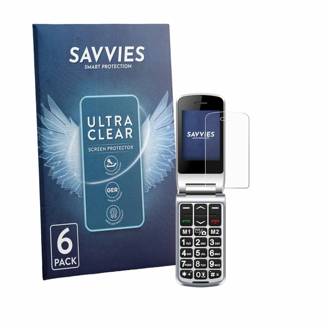 Parte frontal de un envase de producto con el logotipo de la marca Savvies. Al lado se muestra el dispositivo Sweetlink F1PLUS