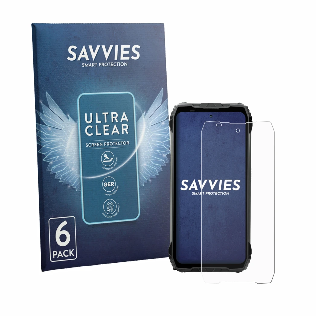 Parte frontal de un envase de producto con el logotipo de la marca Savvies. Al lado se muestra el dispositivo Blackview Fort 2
