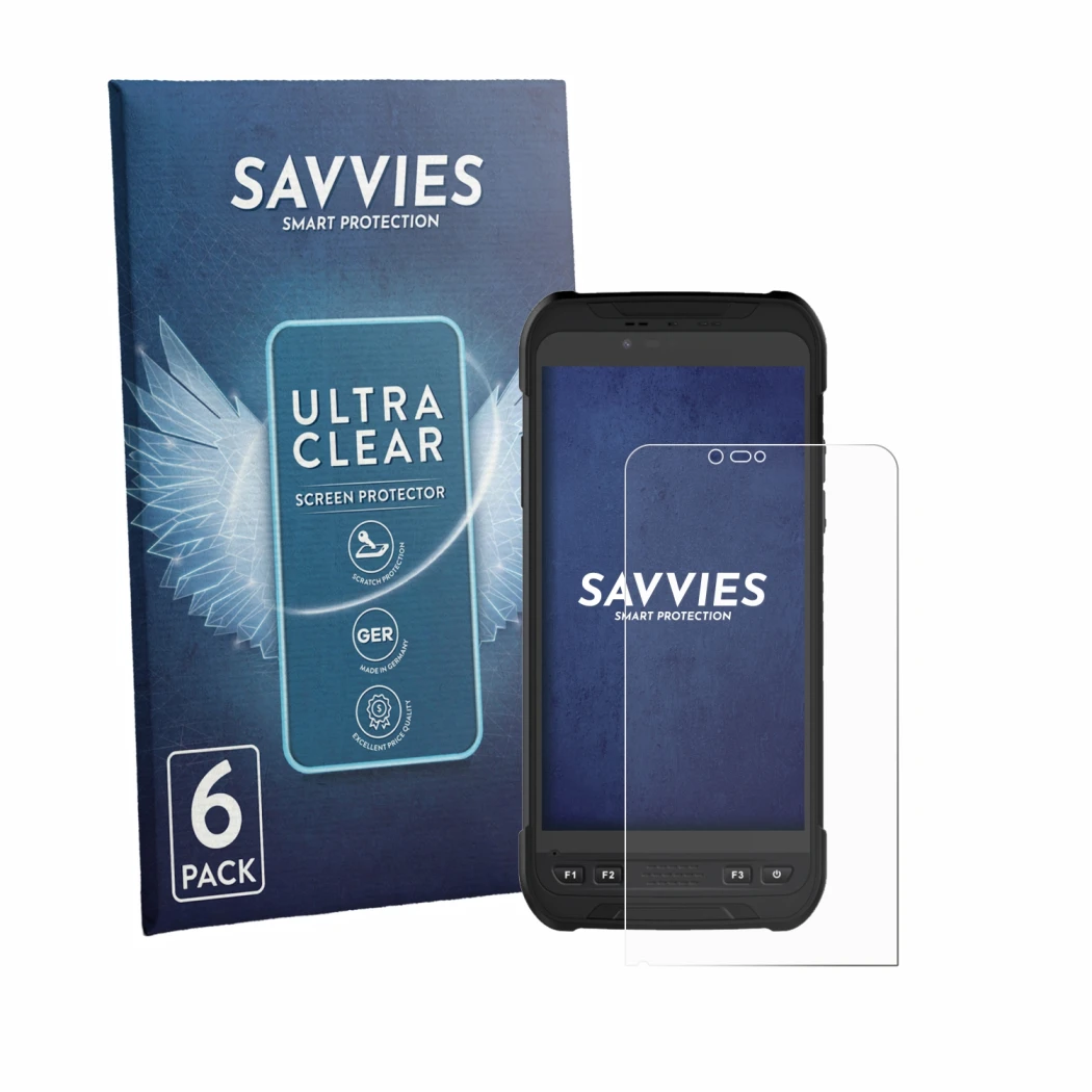 Parte frontal de un envase de producto con el logotipo de la marca Savvies. Al lado se muestra el dispositivo Stonex S60 con s