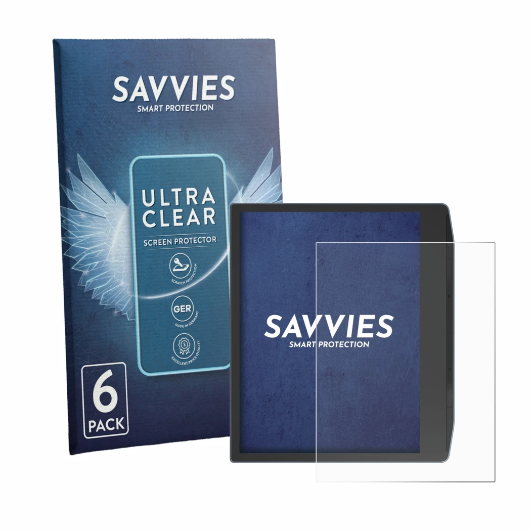 Parte frontal de un envase de producto con el logotipo de la marca Savvies. Al lado se muestra el dispositivo PocketBook Era L