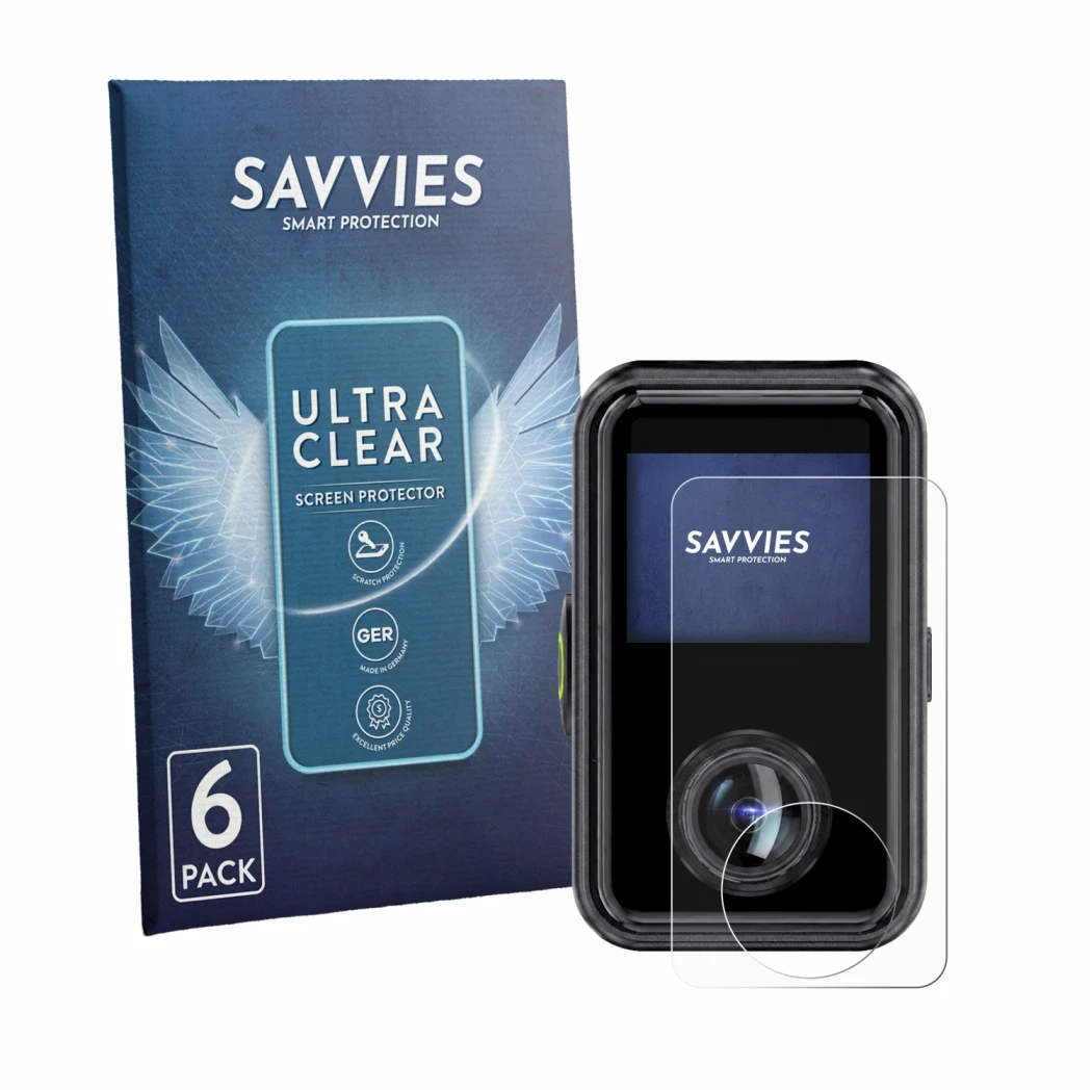 Parte frontal de un envase de producto con el logotipo de la marca Savvies. Al lado se muestra el dispositivo Vantrue E360 Ace