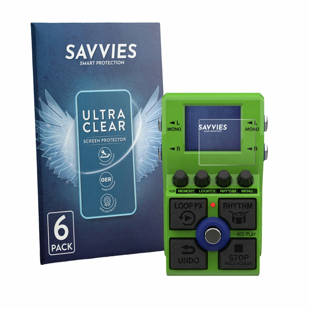 Parte frontal de un envase de producto con el logotipo de la marca Savvies. Al lado se muestra el dispositivo Zoom MS-90LP Plu
