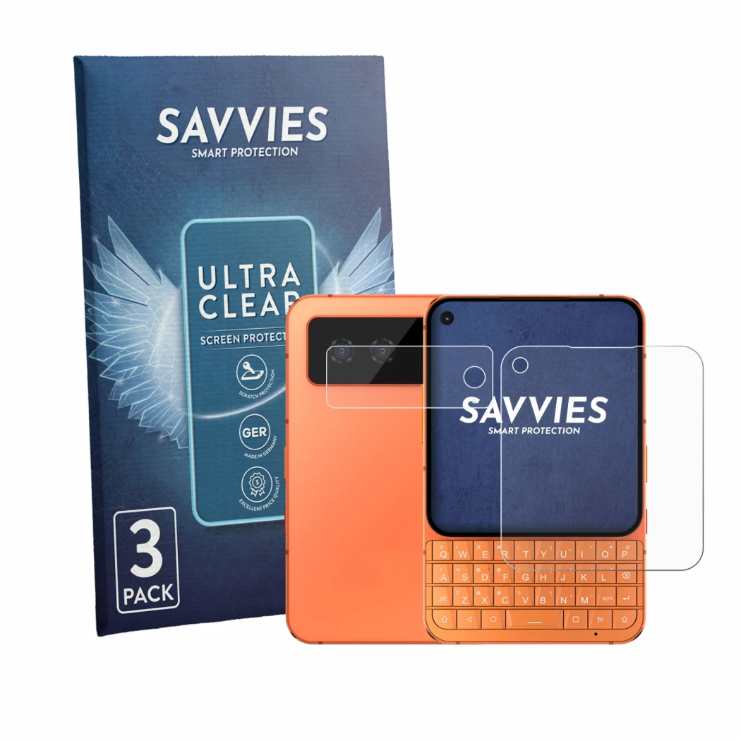 Parte frontal de un envase de producto con el logotipo de la marca Savvies. Al lado se muestra el dispositivo Unihertz Titan 2