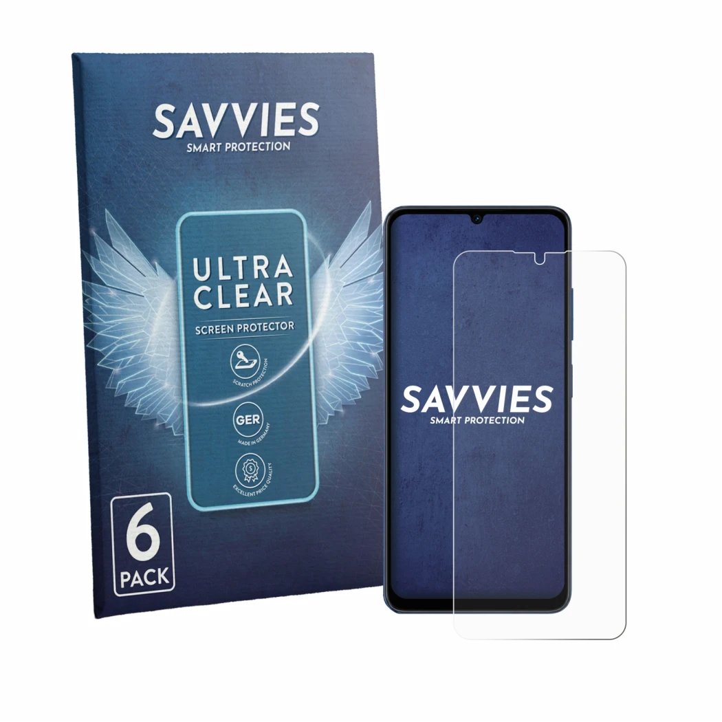 Parte frontal de un envase de producto con el logotipo de la marca Savvies. Al lado se muestra el dispositivo Lava Bold N2 5G 