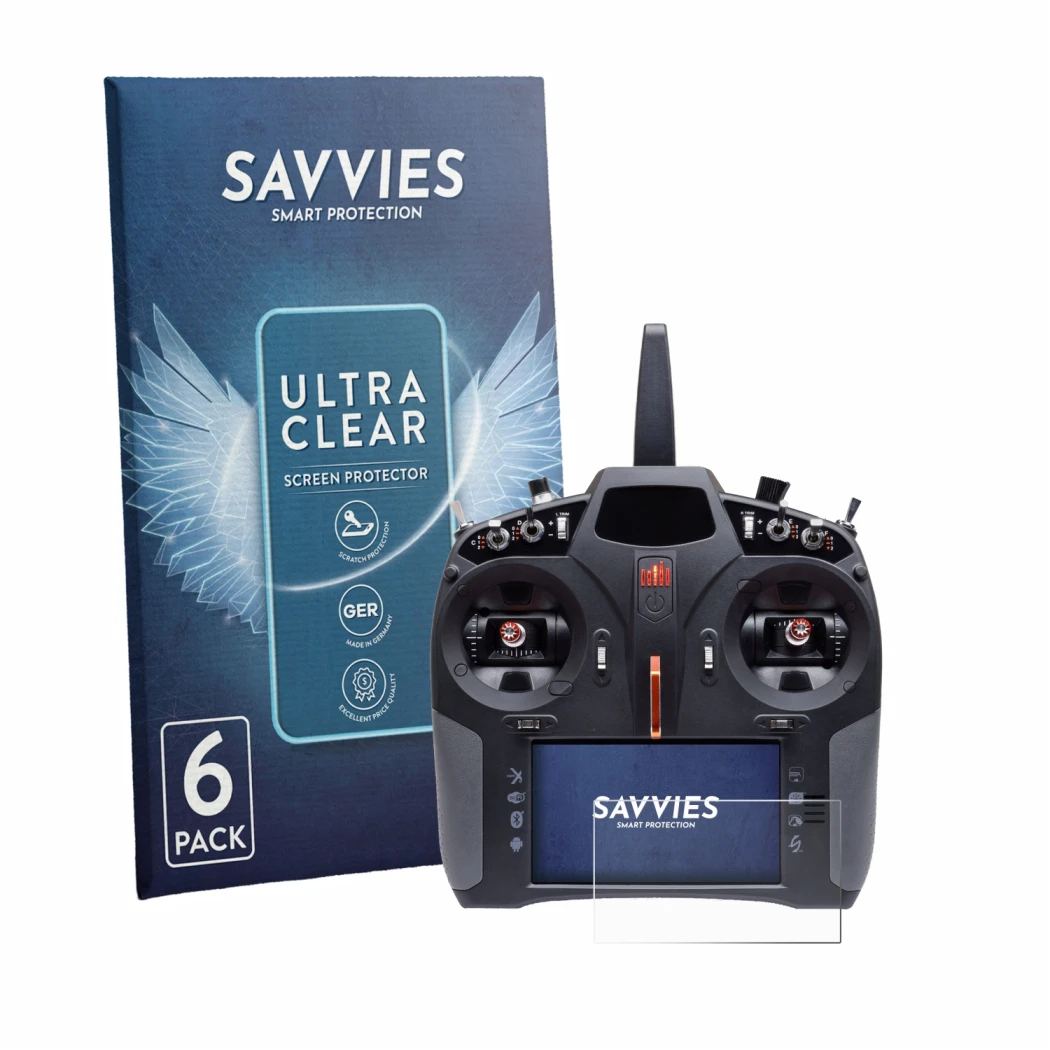 Parte frontal de un envase de producto con el logotipo de la marca Savvies. Al lado se muestra el dispositivo Spektrum iX14 Pl