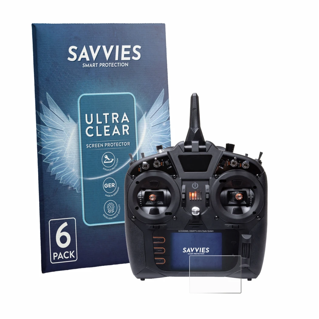 Parte frontal de un envase de producto con el logotipo de la marca Savvies. Al lado se muestra el dispositivo Spektrum NX8 Plu