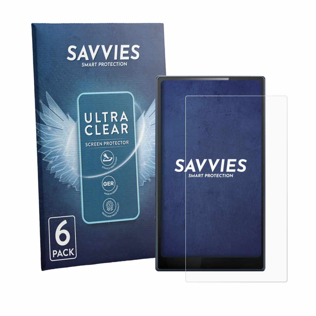 Parte frontal de un envase de producto con el logotipo de la marca Savvies. Al lado se muestra el dispositivo FiiO M21 con su 