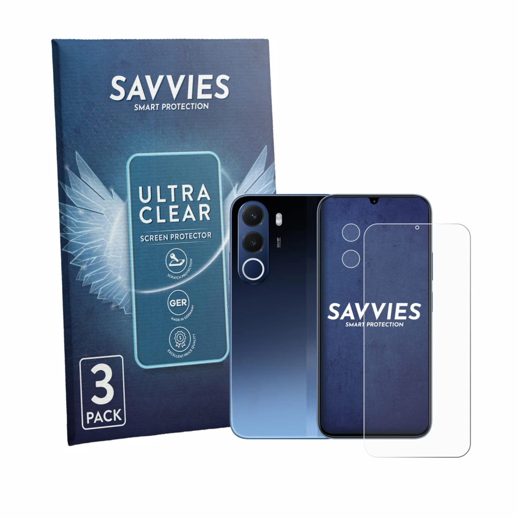 Parte frontal de un envase de producto con el logotipo de la marca Savvies. Al lado se muestra el dispositivo realme C100x (Fr