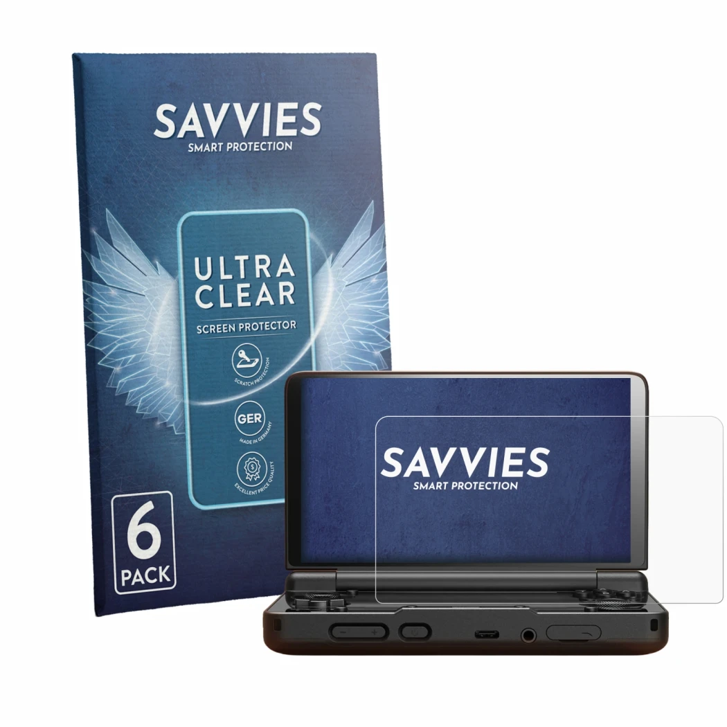 Parte frontal de un envase de producto con el logotipo de la marca Savvies. Al lado se muestra el dispositivo AYN Thor con su 