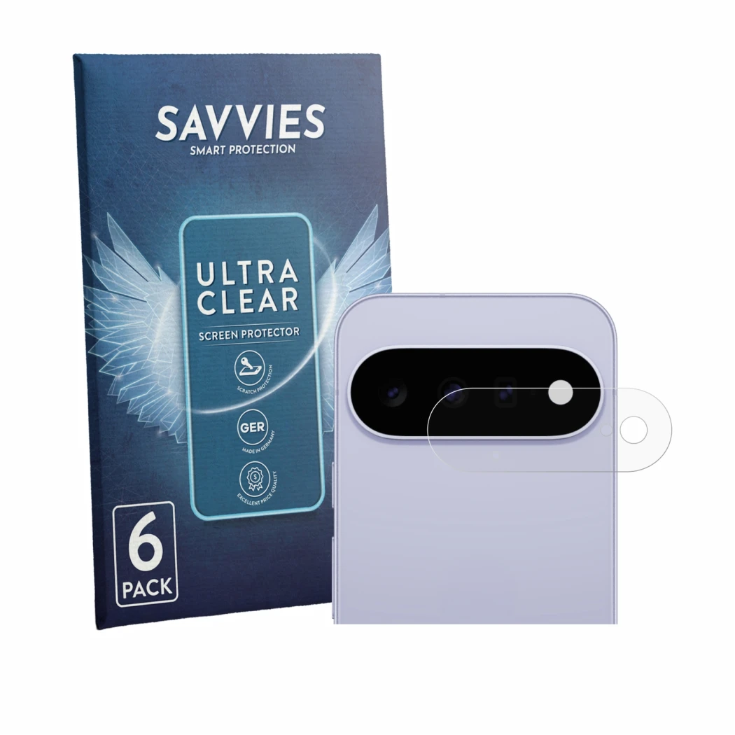 Parte frontal de un envase de producto con el logotipo de la marca Savvies. Al lado se muestra el dispositivo Google Pixel 11 