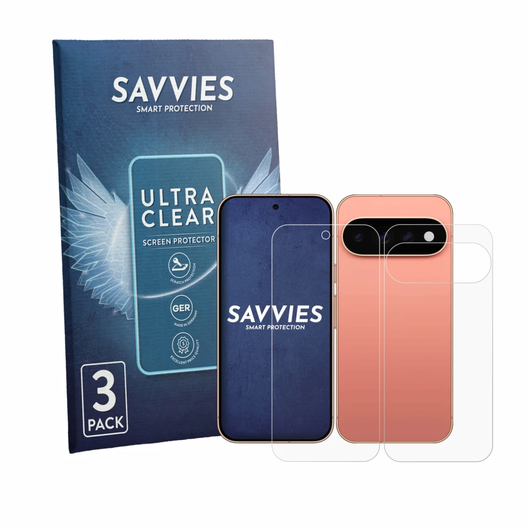 Parte frontal de un envase de producto con el logotipo de la marca Savvies. Al lado se muestra el dispositivo Google Pixel 11