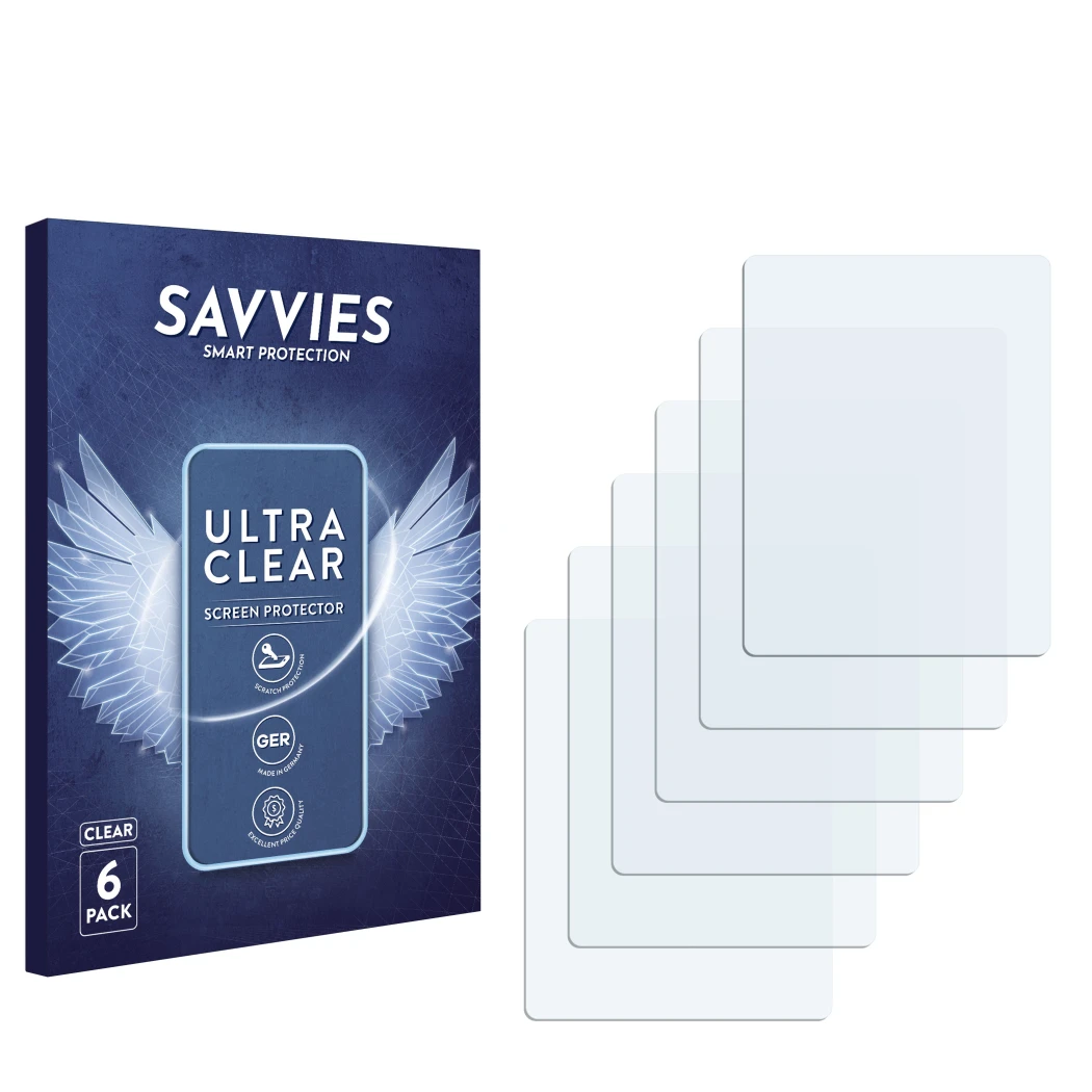 Parte frontal de un envase de producto con el logotipo de la marca Savvies. Al lado está el protector de pantalla correspondie