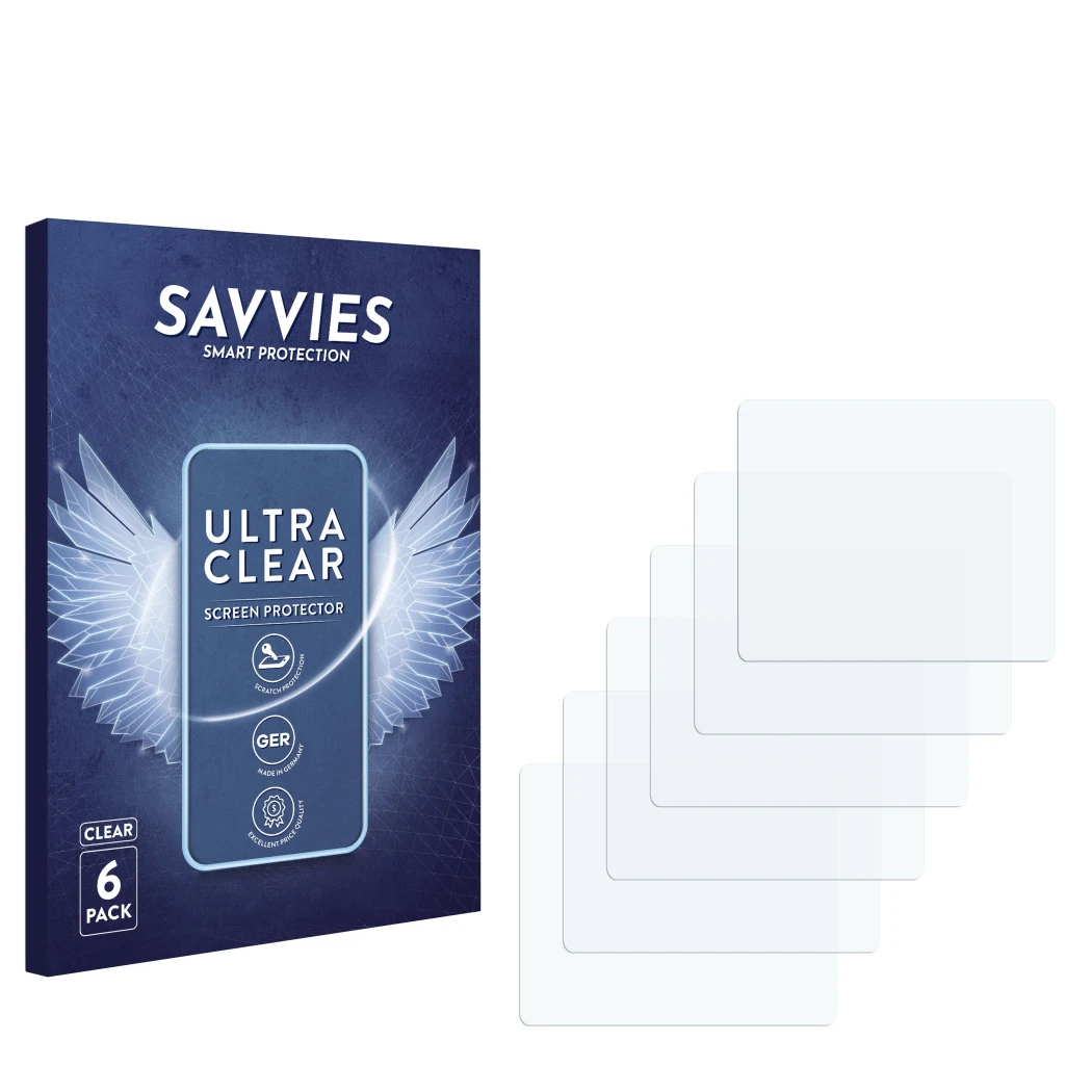 Parte frontal de un envase de producto con el logotipo de la marca Savvies. Al lado está el protector de pantalla correspondie