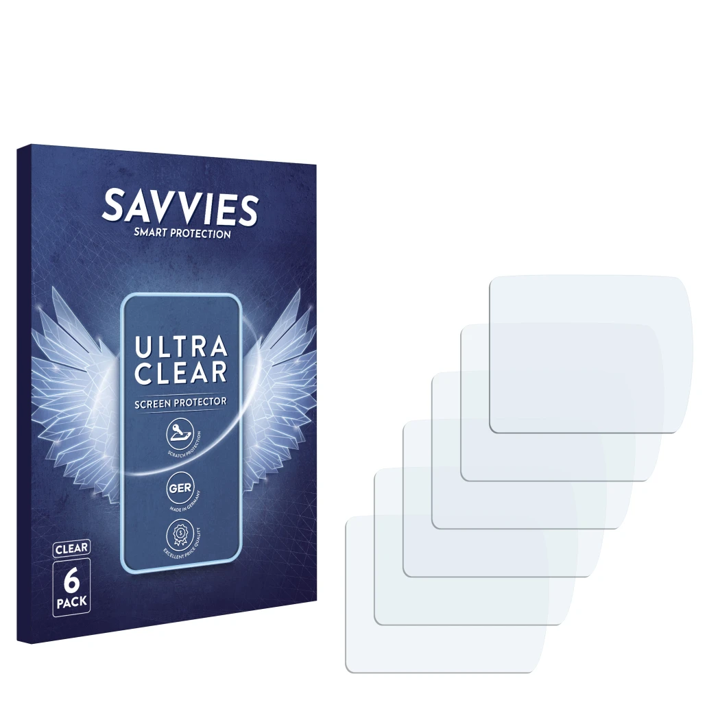 Parte frontal de un envase de producto con el logotipo de la marca Savvies. Al lado está el protector de pantalla correspondie