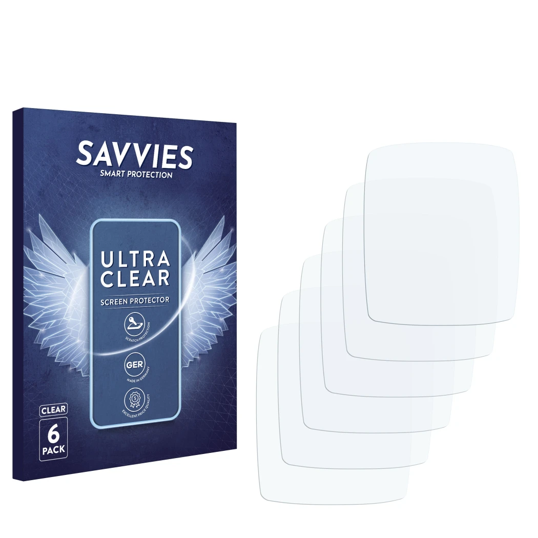 Parte frontal de un envase de producto con el logotipo de la marca Savvies. Al lado está el protector de pantalla correspondie