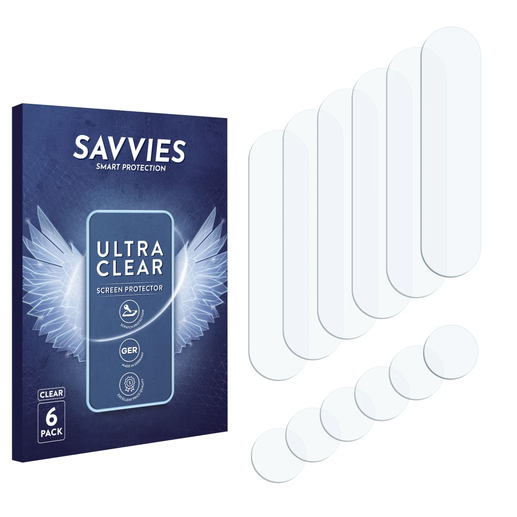 Parte frontal de un envase de producto con el logotipo de la marca Savvies. Al lado está el protector de pantalla correspondie