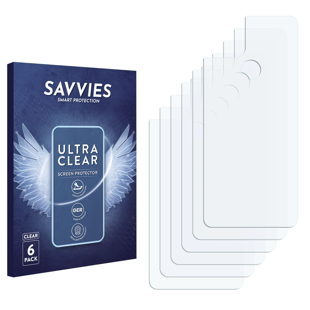 Parte frontal de un envase de producto con el logotipo de la marca Savvies. Al lado está el protector de pantalla correspondie
