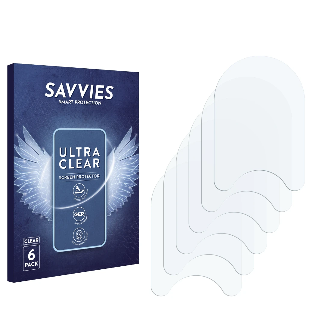 Parte frontal de un envase de producto con el logotipo de la marca Savvies. Al lado está el protector de pantalla correspondie