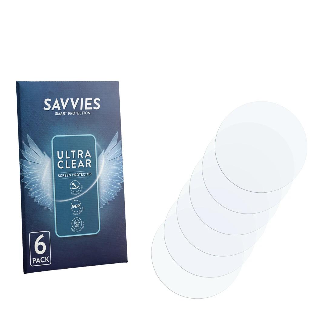 Parte frontal de un envase de producto con el logotipo de la marca Savvies. Al lado está el protector de pantalla correspondie