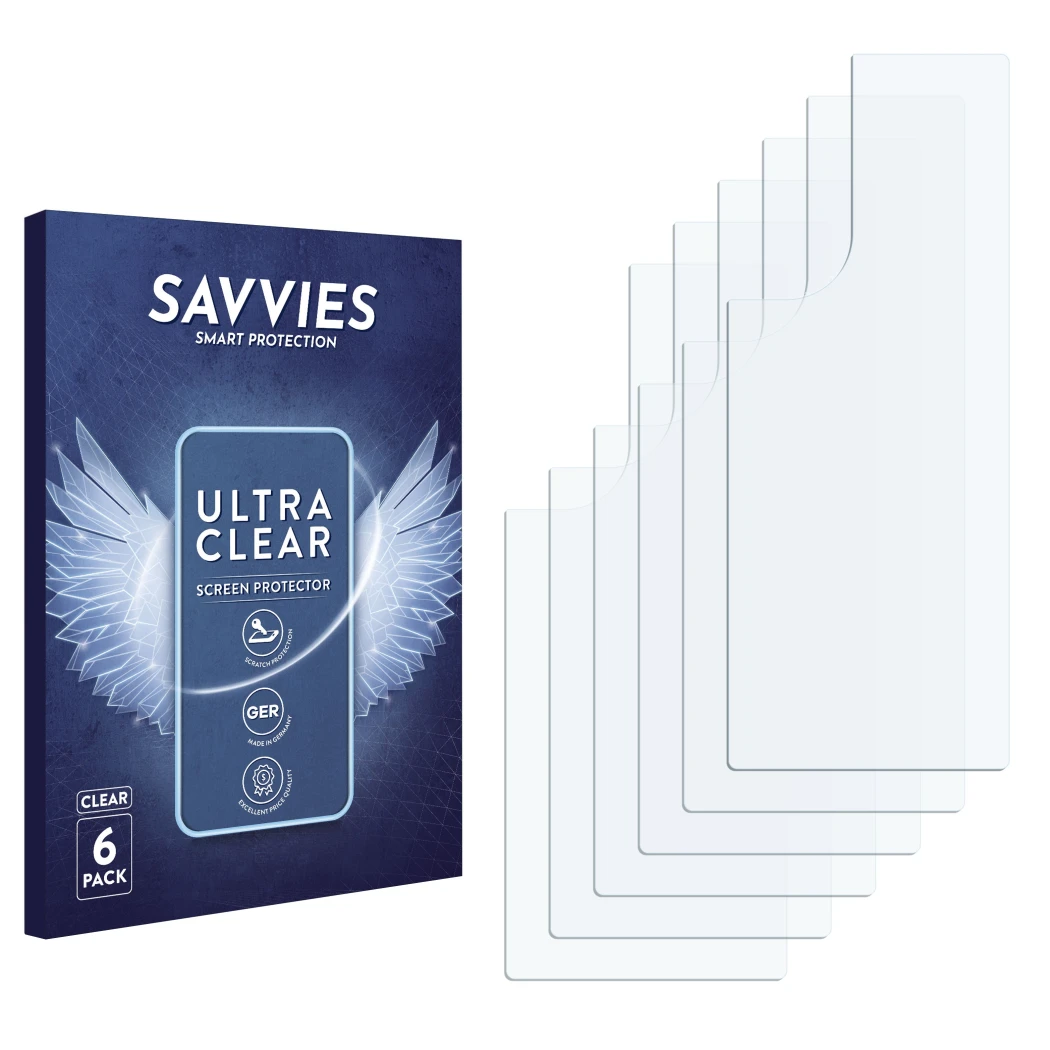 Parte frontal de un envase de producto con el logotipo de la marca Savvies. Al lado está el protector de pantalla correspondie