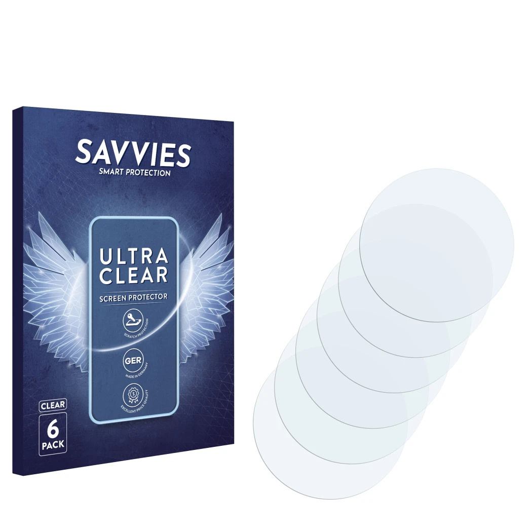 Parte frontal de un envase de producto con el logotipo de la marca Savvies. Al lado está el protector de pantalla correspondie