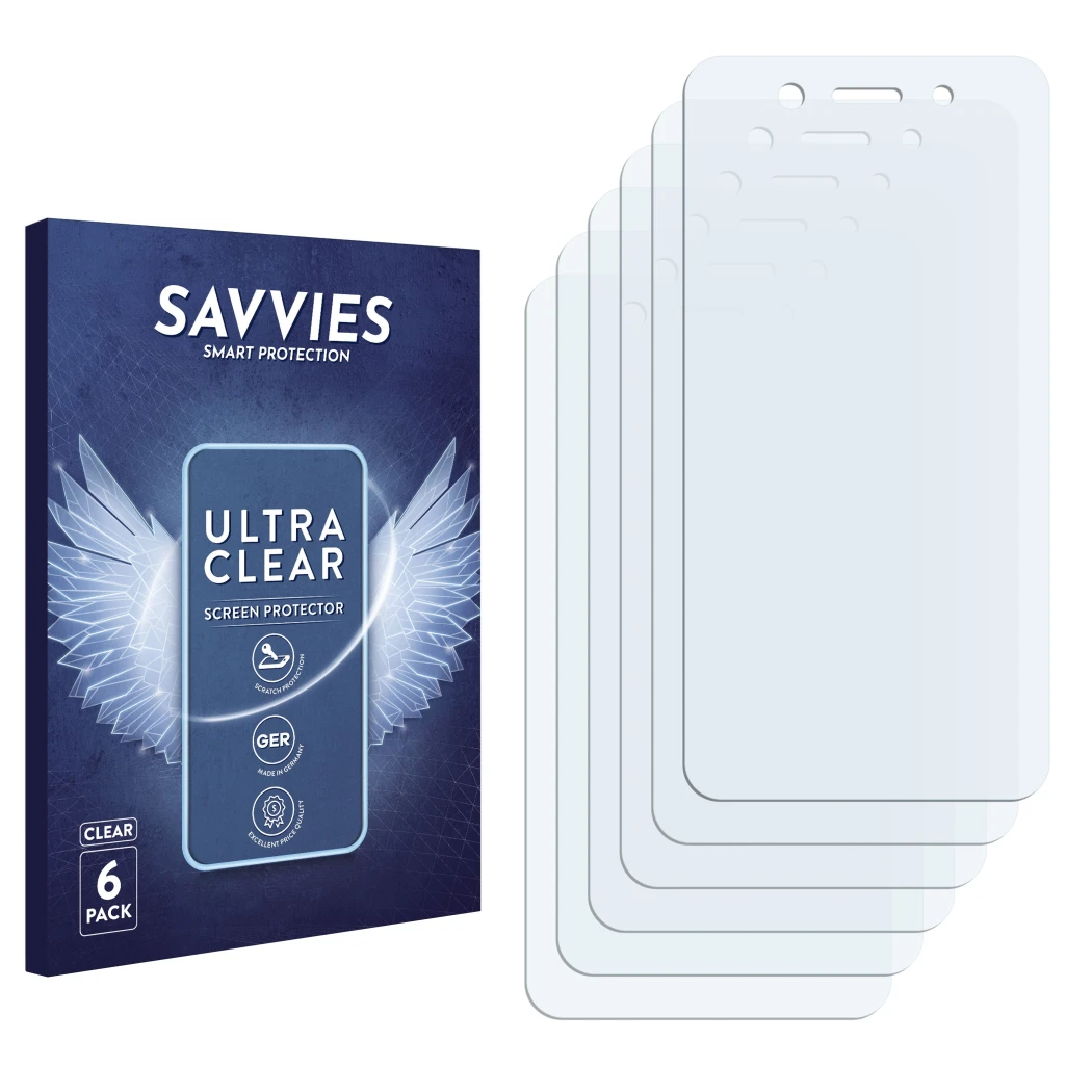 Parte frontal de un envase de producto con el logotipo de la marca Savvies. Al lado está el protector de pantalla correspondie