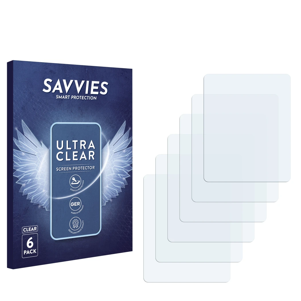 Parte frontal de un envase de producto con el logotipo de la marca Savvies. Al lado está el protector de pantalla correspondie